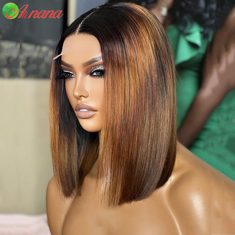 Alinana Ombre Brown Colored Bob Straight Wigs 4*1 T Part Short Bob Wig Brazilian  Human Hair Wigs For Women 2023 New Trend