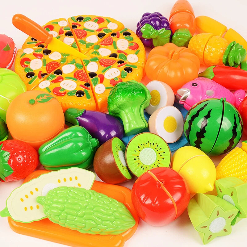 Zestaw zabawek kuchenne symulacyjne dla dzieci udają, że bawią się w zabawki do wczesnej edukacji do krojenia pizzy z warzywami owocowymi dla dzieci