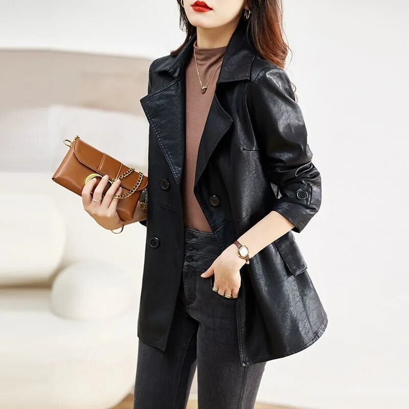 2024 Spring Women's New Mid Length Fashion Casual Windbreaker Coat Women's V-neck Double Breasted Slim Fit Vintage Leather Coat