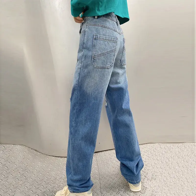 Personalidade azul gradiente feminino jeans rasgado, cortina solta, cintura alta, calça fina de pernas largas, nova moda, outono e inverno, 2022
