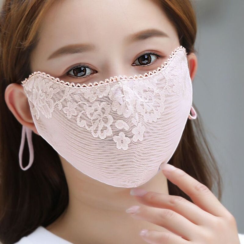 Solid Color Sunscreen Lace Mask Thin Sunshade Hanging Ear Sunscreen Face Cover Flower UV Protection UV Protection Mask Summer