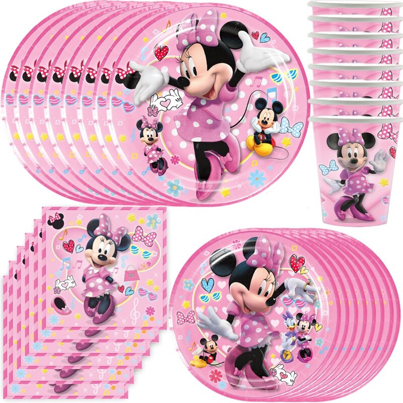 50Pcs Disney Minnie Mouse Party Supplies Pink Minnie Disposable Tableware Set Baby Shower Kids Girls Birthday Party Decorations