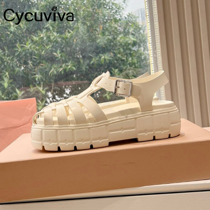 Sandalias planas de piel auténtica para Mujer, zapatos de playa con plataforma, zapatillas de diseñador de marca, para vacaciones de verano