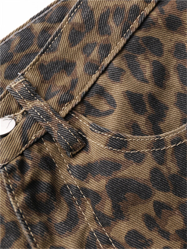 Jeans feminino com estampa leopardo de cintura alta, estilo coreano, perna larga, calças jeans, streetwear, moda retrô, Y2K, 2024
