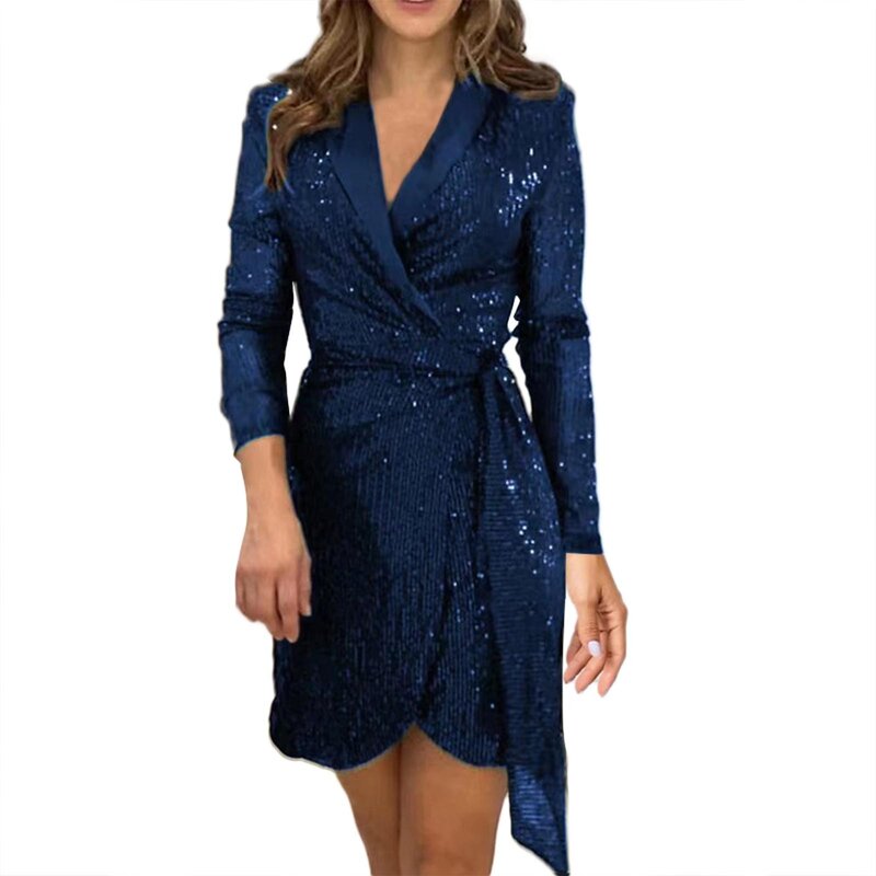 Женское платье с длинным рукавом, блестящее платье с блестками и глубоким V-образным вырезом, мини-платье для выпускного вечера, 2024