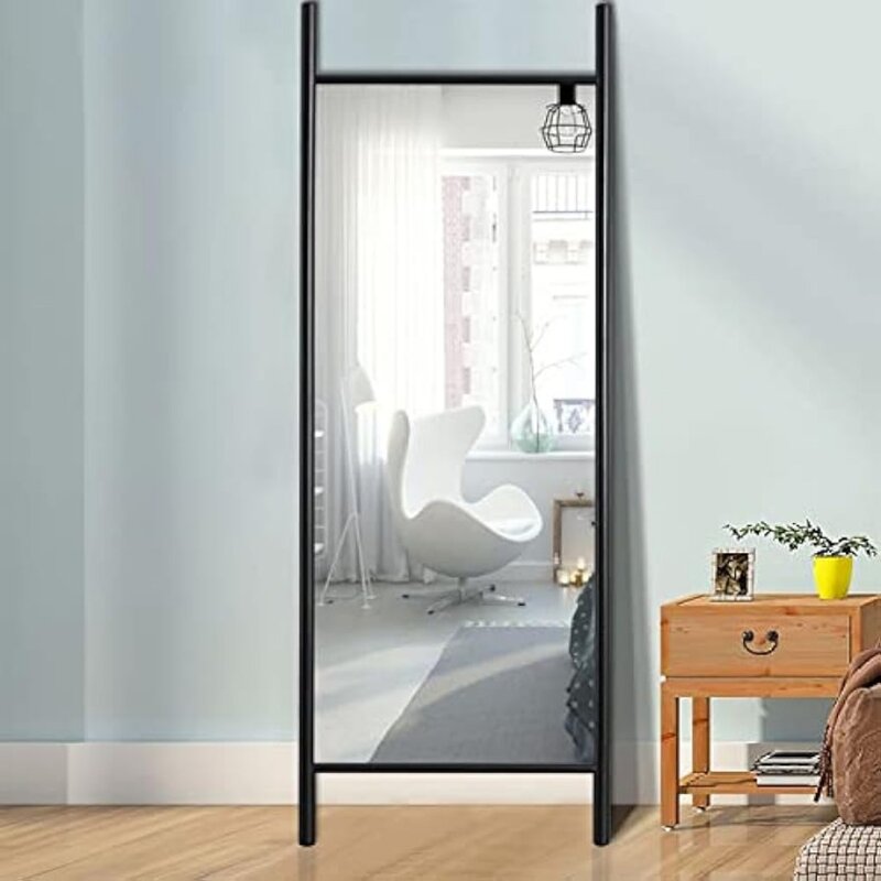 Espejo de tocador de piso a techo con marco de madera, espejo de tocador montado en la pared, para dormitorio, sala de estar, negro