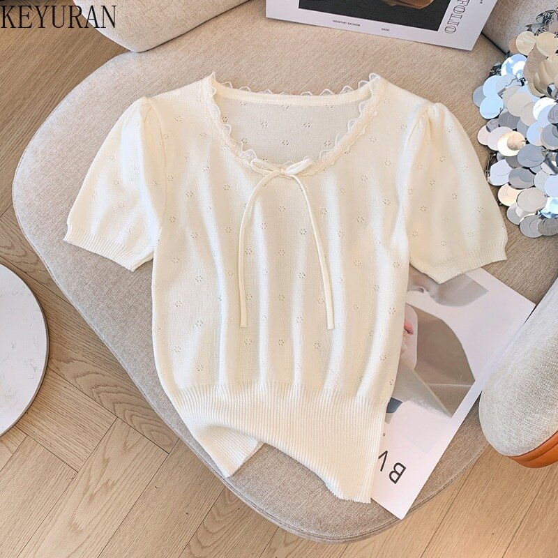 2024 Sommer aushöhlen Kurzarm pullover Frauen stricken T-Shirt koreanischen Stil süße dünne Pullover Strickwaren Tops Pullover Pull Femme