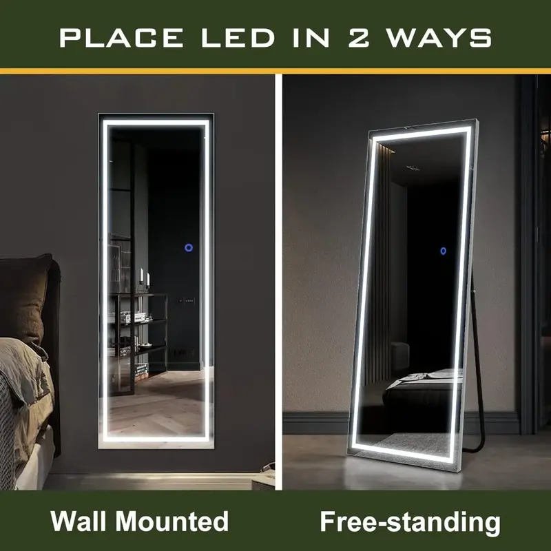 Cermin panjang penuh 63X16 inci dengan lampu LED, cermin lantai cermin terpasang di dinding panjang seluruh bodi perak perak perak dengan ruang berdiri