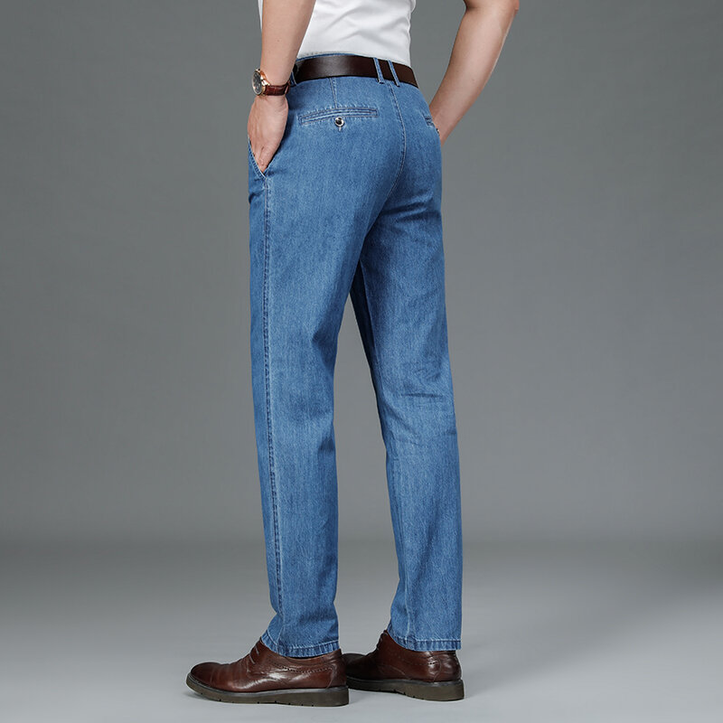 Летние тонкие деловые джинсы, Мужская прямая свободная одежда для папы, модные Универсальные деловые брюки для мужчин среднего и пожилого возраста