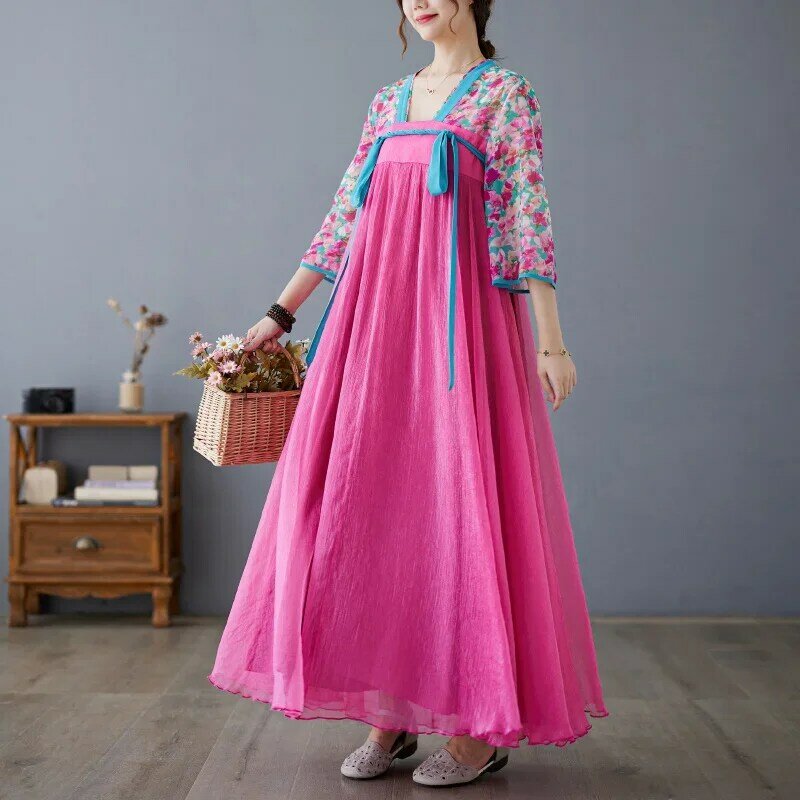 Vestido grande e longo estilo chinês feminino, terno han melhorado, estilo nacional, retrô, grande, verão, 2023