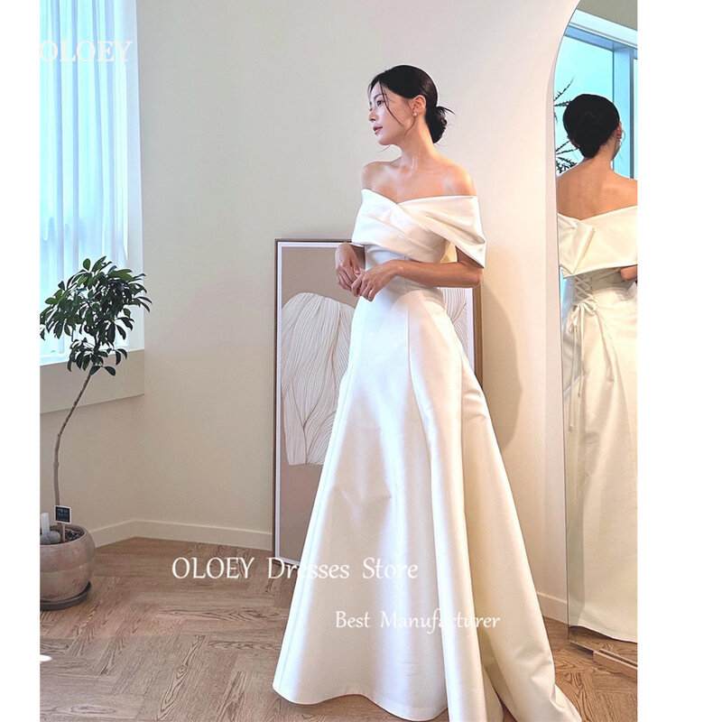 OLOEY gaun pernikahan bahu terbuka Satin berkualitas baik model Korea korset duyung bahu terbuka gaun pengantin panjang lantai belakang
