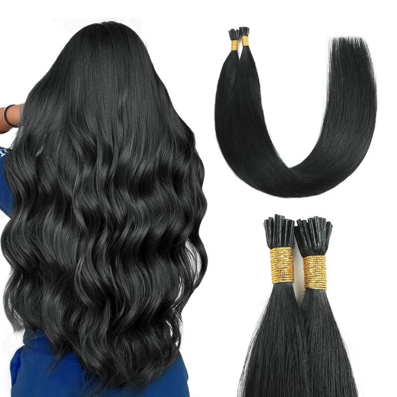 Straight I Tip Hair Extensions Human Hair #1B Natural Black Human Hair Remy Itip Human Hair Extensions 50g/Pack/50Strands