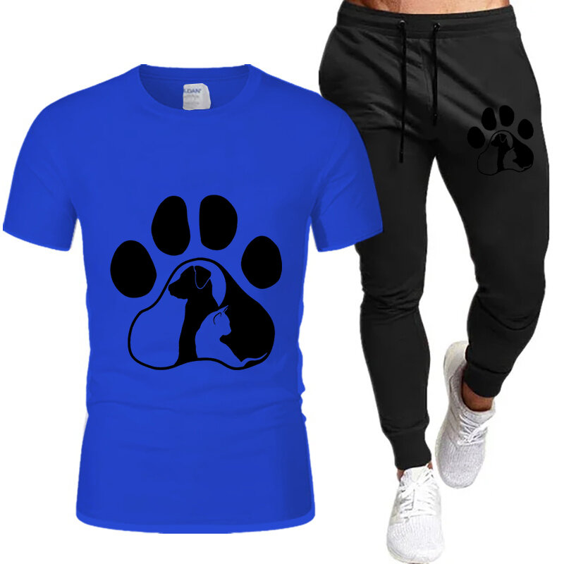 Conjunto de camisetas e calças de rua de duas peças masculinas, camisetas com estampa de patas de cachorro e gato, roupas de verão