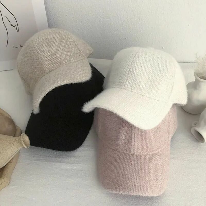여성용 단색 야구 모자, 패션 봉제 토끼 모피 바이저 모자, 화이트 블랙 따뜻한 모자