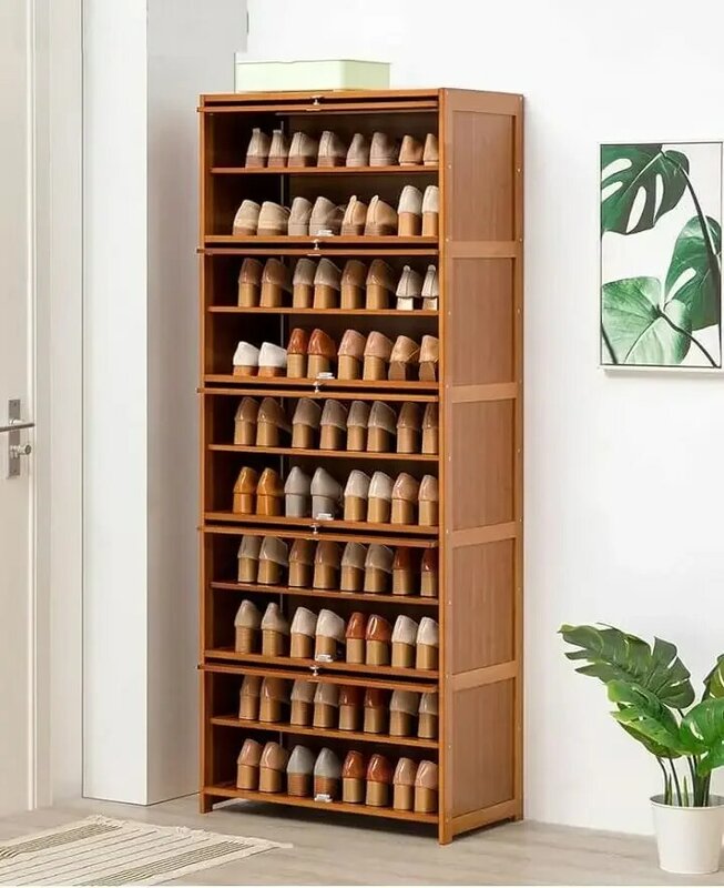 Бамбуковый шкаф для хранения обуви, 10 уровней высоты, отдельно стоящая полка для обуви, стойка для хранения с откидными дверцами, хранение обуви на каблуках