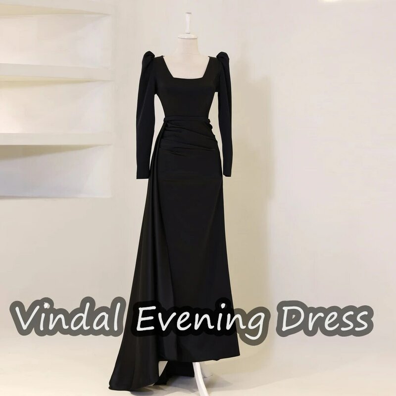 Vindal Ruffle persegi Necklin lantai panjang gaun malam Satin elegan Built-in Bra Arab Saudi lengan panjang untuk wanita 2024