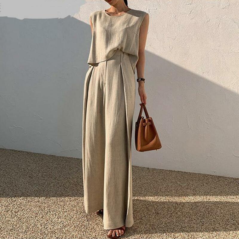Women Two-piece Suit Stylish Women's 2-piece Vest Pants Set Sleeveless Round Neck Top High Waist Wide Leg Trousers Casual Daily