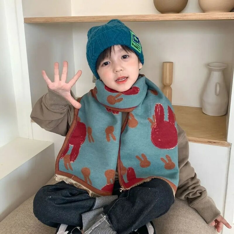 Цветной детский кашемировый шарф в стиле пэчворк, модный утепленный детский шарф с кроликом, теплый шарф с принтом, шейный платок, шарф
