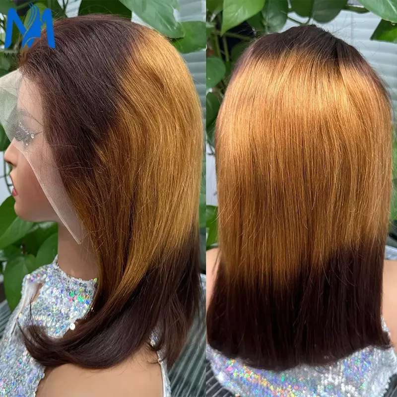Peruca bob brasileira com frente rendada, cabelo humano natural, liso, 13x4, ombre