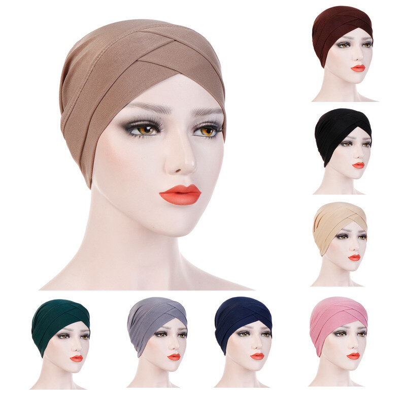 New Women Hijab Inner Caps Solid Color Head Scarf Linen Headscarf Muslim Bottom Hat Elastic Headscarf Wrapped Chemotherapy Cap