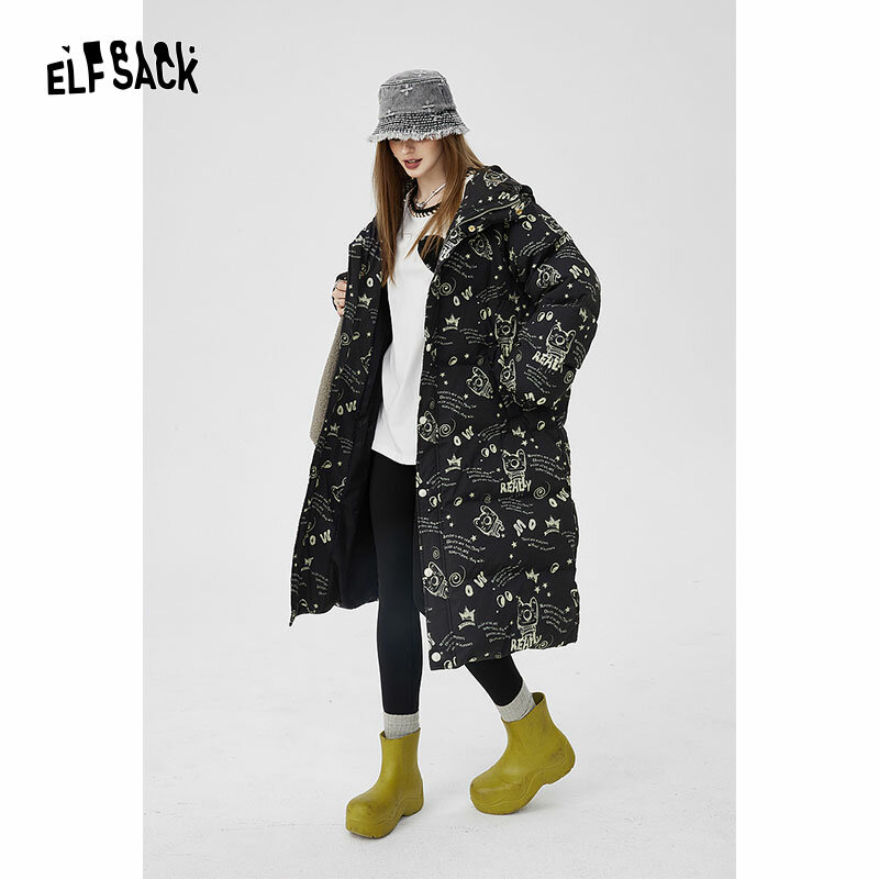ELFSACK-Casacos femininos com capuz quente, casacos estampados de desenhos animados, inverno, 2022