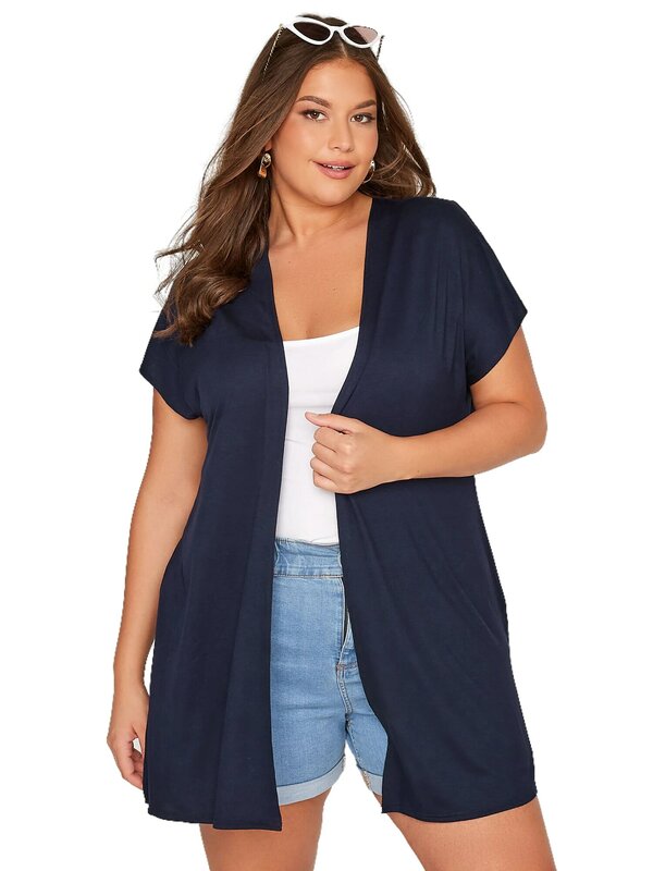 Plus Size Korte Mouw Zomer Casual Vest Dames Zijkanten Splitten Losse Oversized Marineblauwe Kimono Open Voorwerk Kantoor Vest