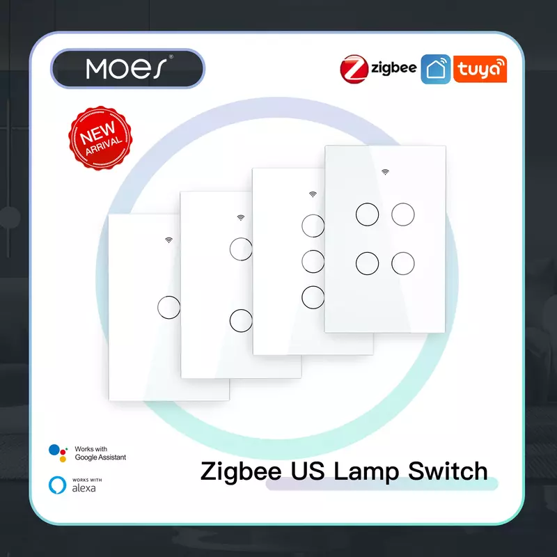 MOES-ZigBee Toque Interruptor de Luz Inteligente, Interruptor de Parede EUA, Sem Capacitor, Funciona com Alexa, EUA, Vida Inteligente, Tuya, Neutro