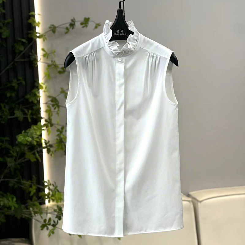 Camiseta sin mangas Design Sense para mujer, camisa informal Simple con cuello de encaje, Color sólido, 2024