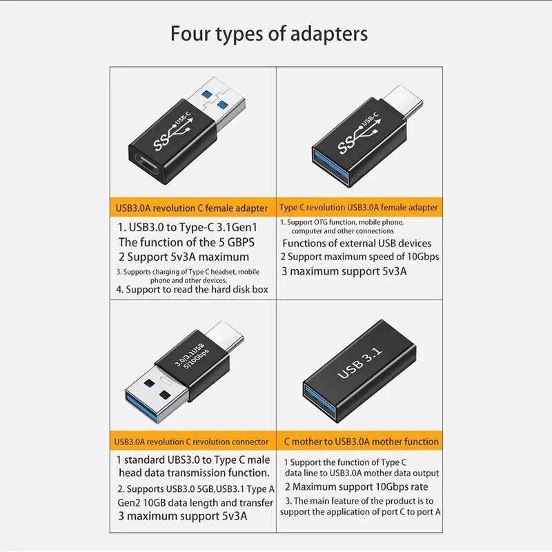 USB 3.1 Tipo C para USB 3.0 macho para fêmea conversor, adaptador Mini OTG, 5Gbps, conector do cabo de dados, extensor para o telefone móvel, laptop