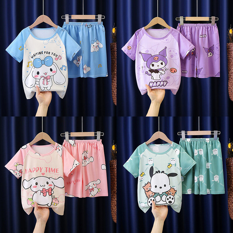 2024 Cute Anime Summer Children's Pajamas Miniso Cinnamoroll Kuromi Pochacco Kids Milk Silk Sleepwear Girl Boy Pijamas Sets Gift