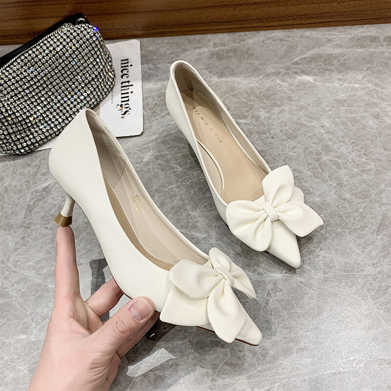 Zapatos de tacón alto con punta estrecha para mujer, mocasines informales cómodos con lazo de diseñador, elegantes, para fiesta y oficina, 2024