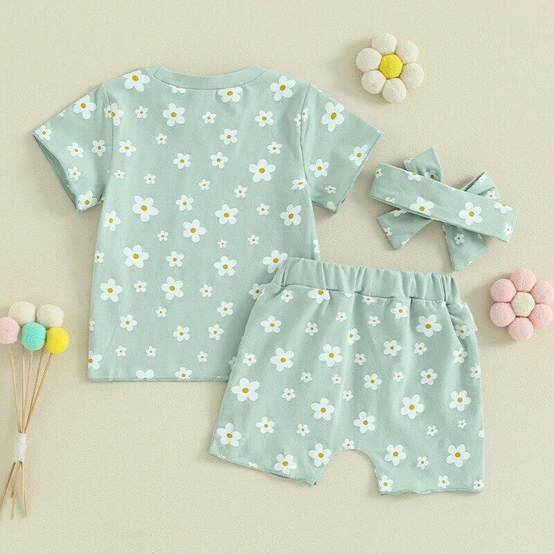 Toddler Baby Girls Summer 3 Piece Outfits Floral Print Short Sleeve T-Shirt and Shorts Headband Set Lovely Clothes