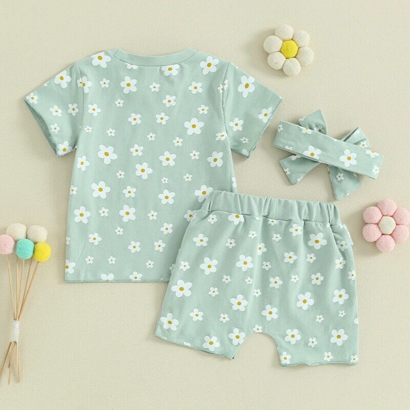 Peuter Baby Meisjes Zomer 3-delige Outfits Met Bloemenprint T-Shirt Met Korte Mouwen En Korte Broek Hoofdband Set Mooie Kleding