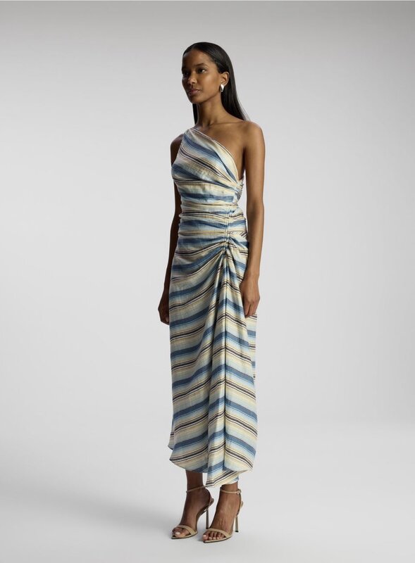 ALC* Summer 2024 Women Dress Amsymmetrial Linen One Shoulder Holiday Dress Elegant Ankle Length Slim Fit Pleated Striped