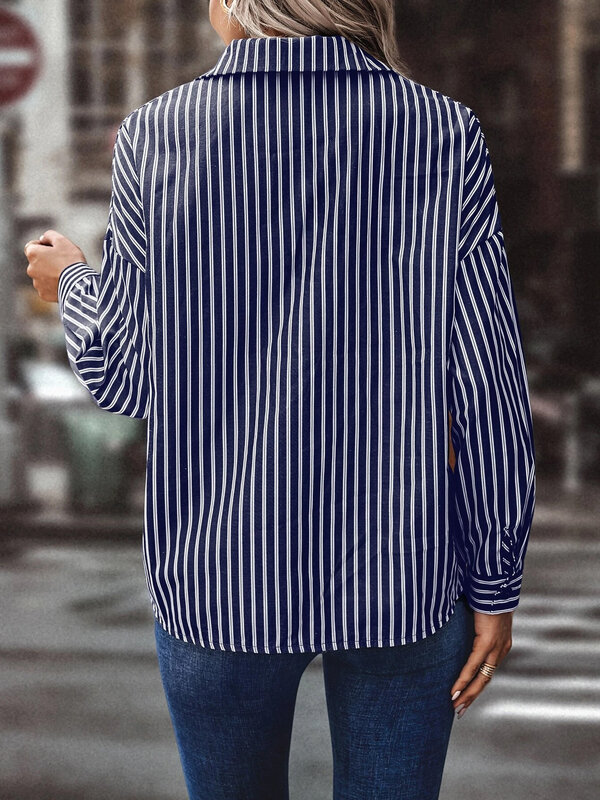 女性用長袖ブルーストライプシャツ,秋冬服,2023