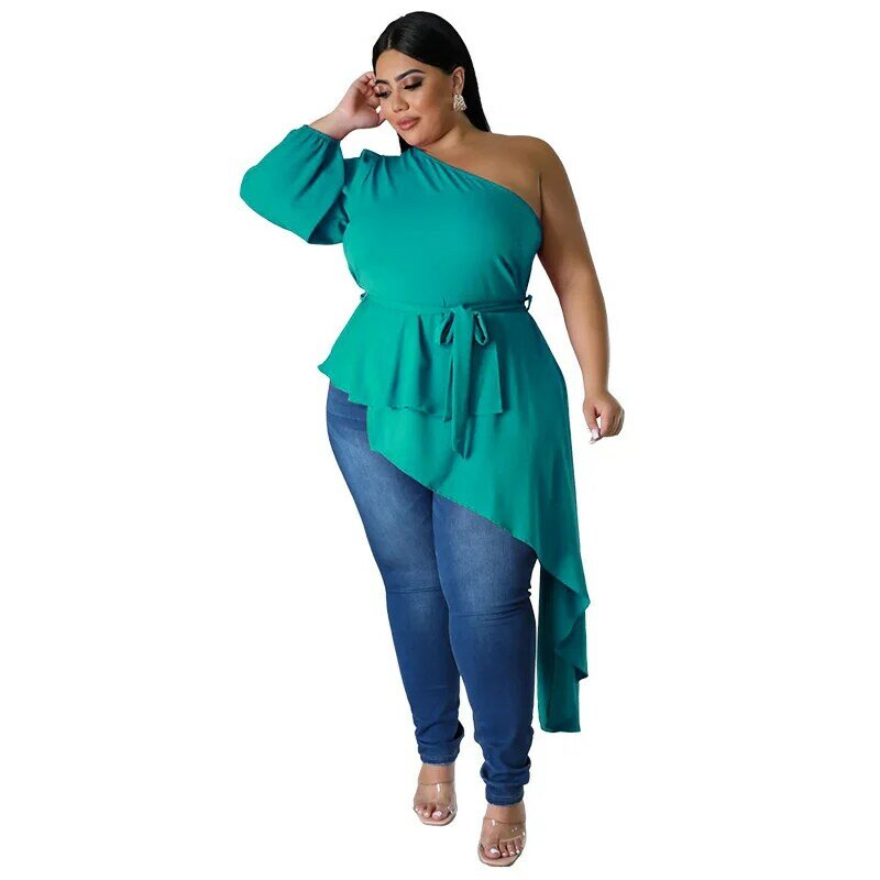 Women Plus Size Tops Fashion Irregular One Shoulder Long-sleeved Sexy Top 2023 New Casual Solid Color Elegant Temperament Blouse