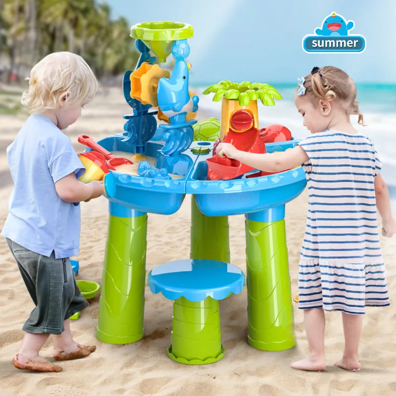 ของเล่นแบบ3 in 1โต๊ะเล่นน้ำทรายของเล่นสำหรับเด็กเล่นน้ำสาดน้ำได้สนุกกลางแจ้งกีฬาน้ำกิจกรรมชายหาดในฤดูร้อน