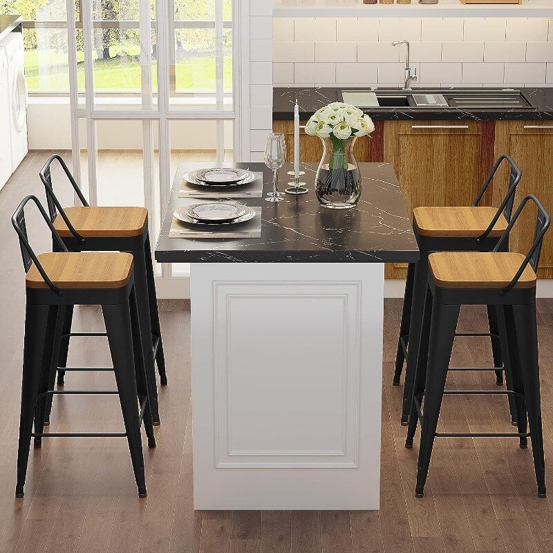 Metal Bar Stools Set of 4 Counter Height Bar Stools Barstools with Removable Back  Kitchen Bar Stools with Wooden Seat,
