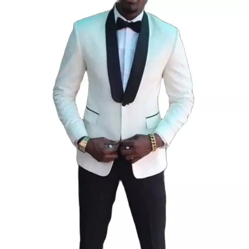 White Wedding Tuxedo for African 2 Piece Slim Fit Men Suits Male Fashion Jacket with Black Pants Business Groom Wear