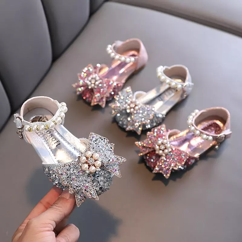Sandales à nœud perlé à paillettes pour enfants, chaussures en cuir princesse pour filles mignonnes, sandales de performance astronomique douces pour enfants, 2024