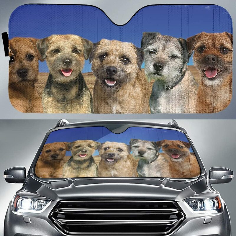 Urocza Border Terrier Team niebieski wzór Dog Mom osłona przeciwsłoneczna do samochodu, Auto parasolka na granicy Terrier kochanka prezent, przednia szyba samochodu Auto