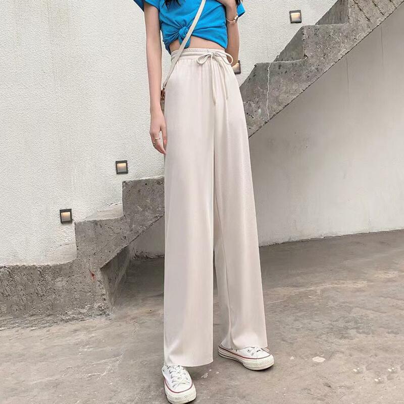 Celana panjang sutra es wanita, bawahan gaya wanita dengan pinggang serut elastis kaki lebar untuk Streetwear untuk kenyamanan