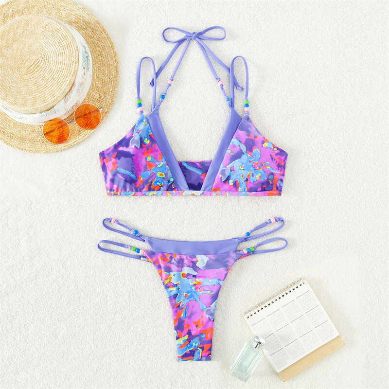 Pakaian renang bermanik tali Halter Bikini cetak ungu baju renang Split Thong pakaian pantai wanita Bikini baju renang Biquini