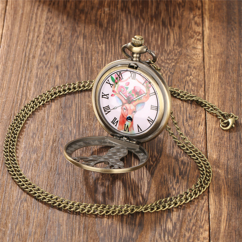 Vintage Hollow Out Elk Pattern Half Hunter Quartz Movement Pocket Watch with Necklace Pendant Chain Gift Reloj De Bolsillo
