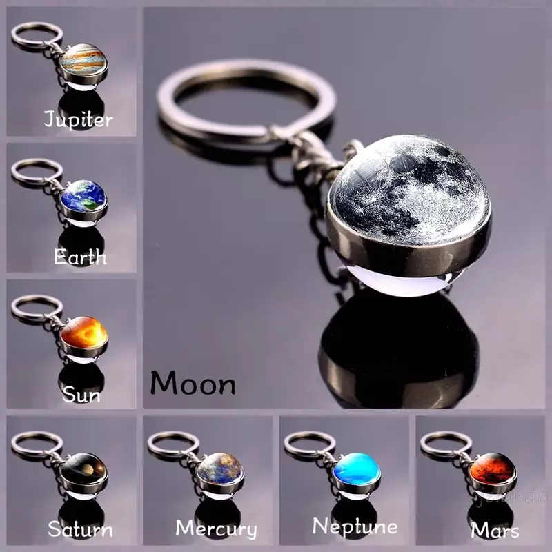 الزجاج الكرة كيرينغ توهج في الظلام متعدد الألوان كوكب غالاكسي المفاتيح الكون مفتاح سلسلة الفضاء الخارجي الفلكية مجوهرات