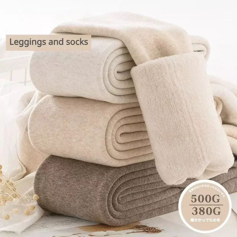 Leggings de veludo feminina, calças magras com meias, cintura alta, grosso, algodão, elástico, fino, monocromático, aveia, quente, inverno