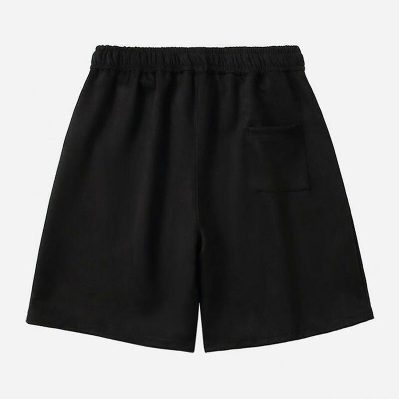 Celana pendek atletik serut elastis pria, celana pendek pinggang serut elastis dengan kantong pinggang untuk lari kaki lebar polos musim panas
