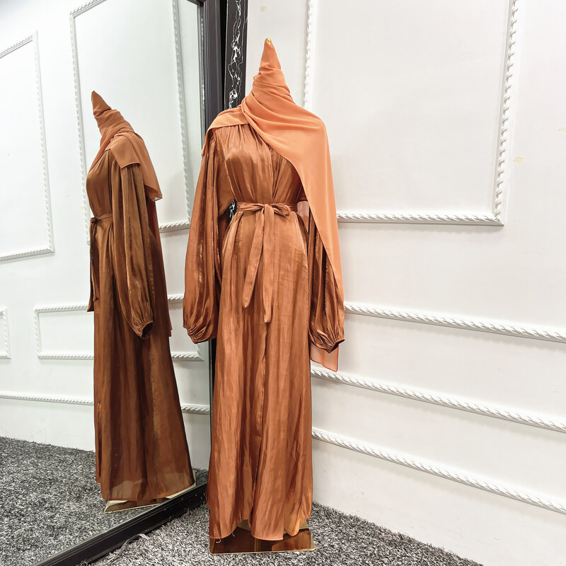 Bubble Sleeve Cardigan Muslim Dress 2022 Dubai Elegant Dress Simulated Silk Fashion Vestidos Largos Islamic Women Dress
