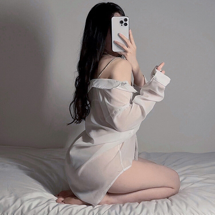 Sexy See-through Pijama com Correia, Lingerie Hot, Chiffon Uniforme, Camisola, Cinta Camisa