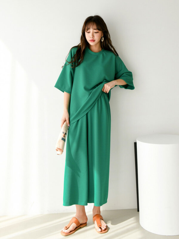 Two Piece Pant Suit Women Solid Loose Wide Leg Pants High Waist Short Sleeve Round Neck Shirts Ladies Casual Summer 2024